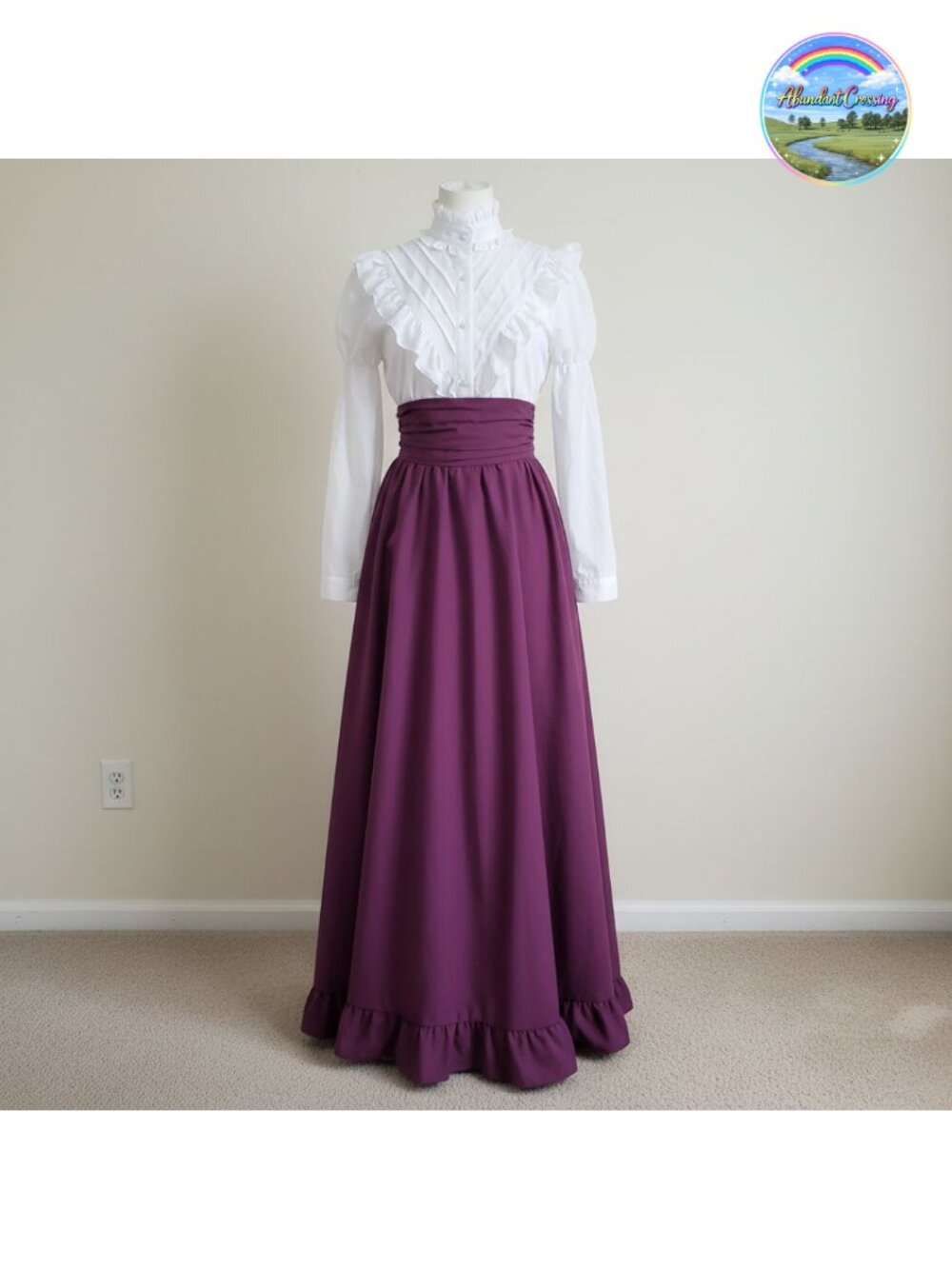 Victorian 2-Piece Dress Set Ruffled Blouse Skirt Belt Women Costume